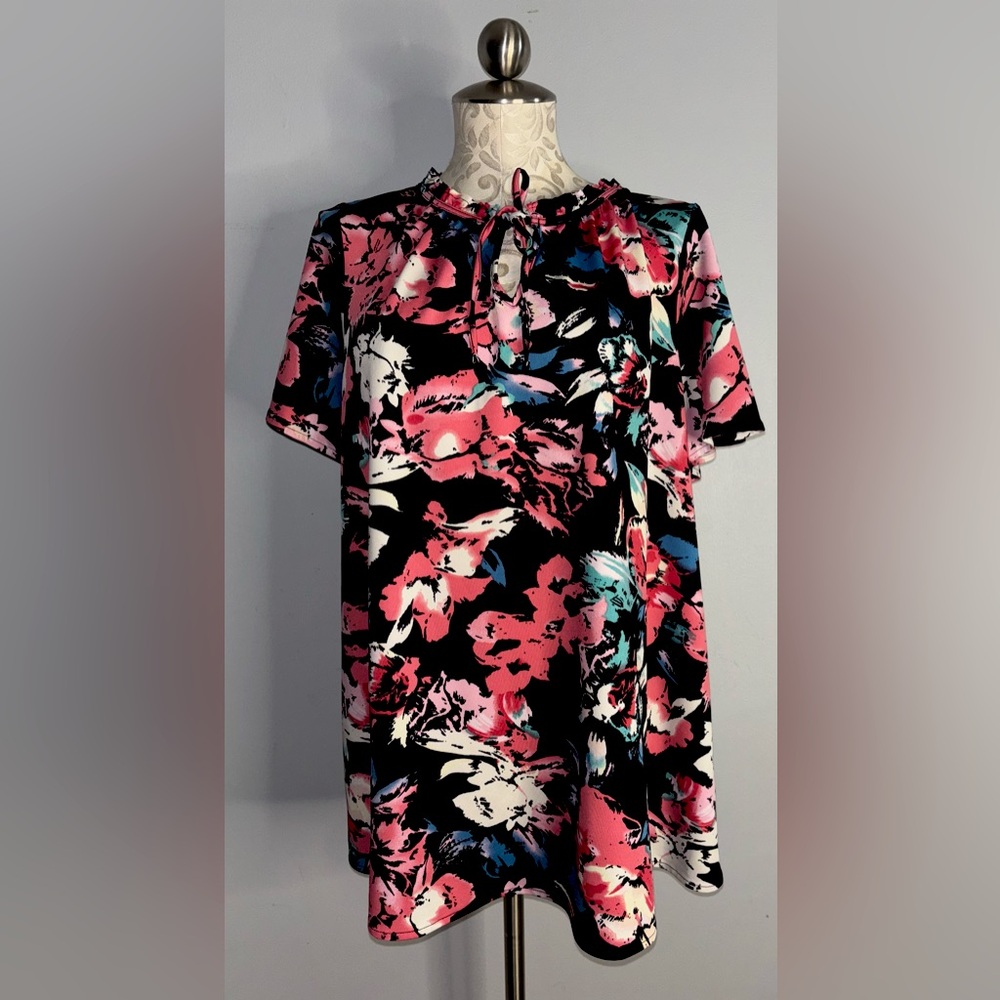 Lane Bryant Plus Womens Top Sz 14/16=1X Pink Black Floral Short Sleeve Blouse #H